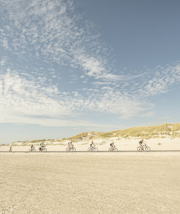 Gruppe an Fahrrad-Fahrern auf dem Holzsteg am Strand